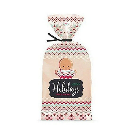 Gingerbread Man Chalkboard Cello Treat Bags With Black Twist Ties - 9 1/4 inches x 4 1/4 inches - 20 Pack (1912/5120)