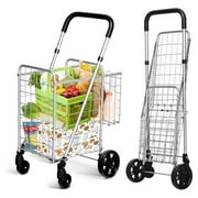 BULYAXIA Grocery Shopping Cart, Foldable Heavy Duty Utility Cart w/Adjustable Handle, Extra Basket & 360 Rolling Swivel Wheels, Lightweight Trolley Cart for Grocery Laundry Luggage (Sliver)