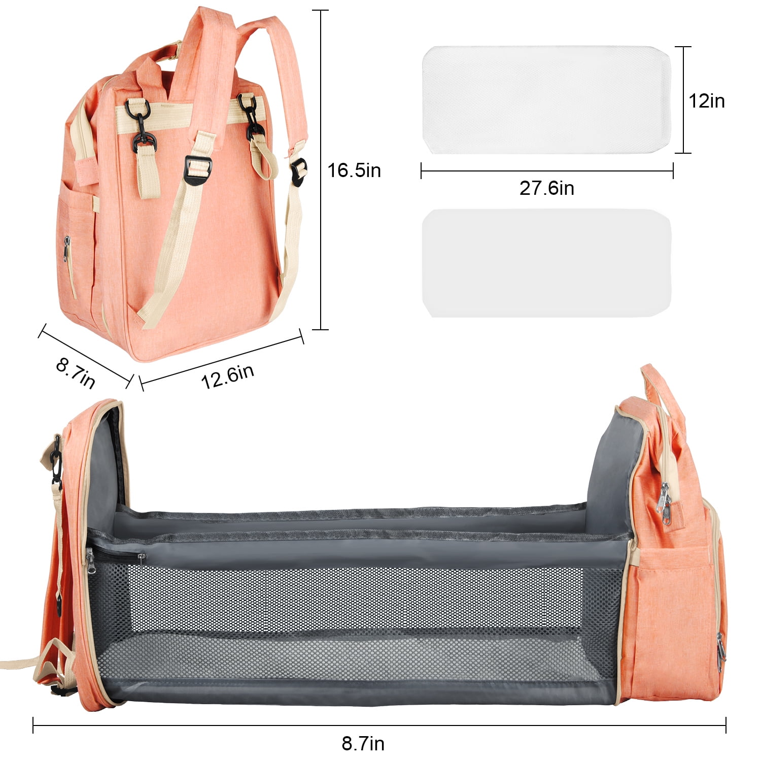 Diaper Bag Backpack,Multifunction Diaper Bag Backpack with Changing Station,Foldable Crib&Insulated Milk Bottle Pocket Large Capacity Baby Nappy Changing Bag Travel Backpack w/ Stroller Straps,Orange