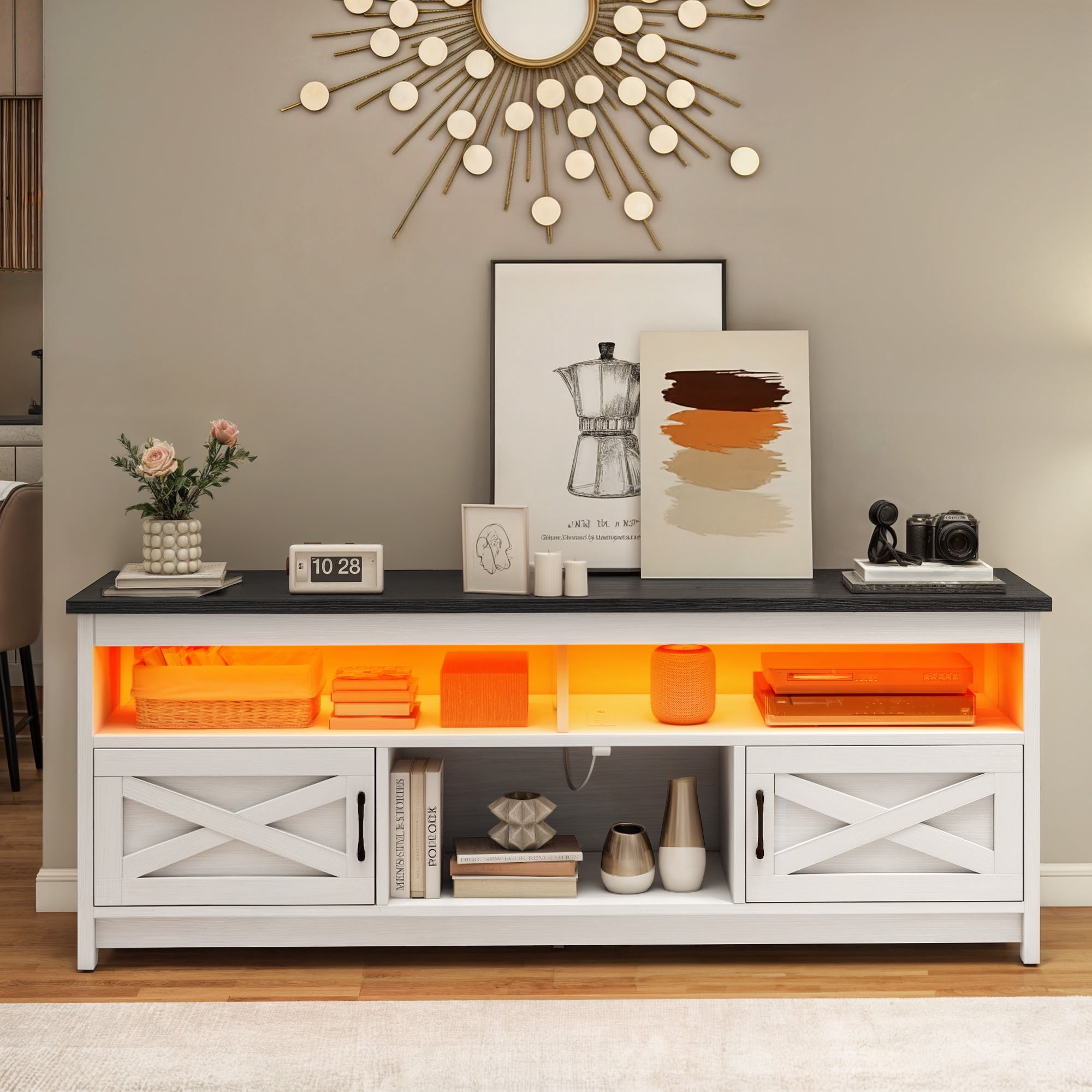 Uforic Farmhouse LED TV Stand with Power Outlet, Media Entertainment Center Console for 75 Inch TV, Black and White