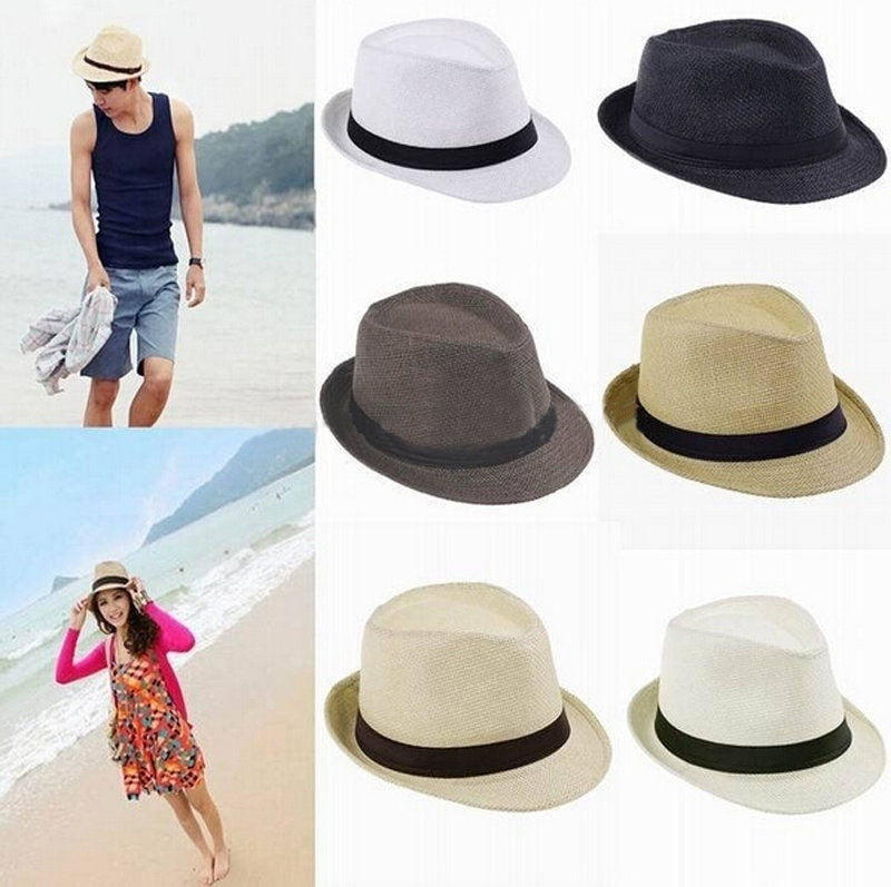Women Men Brown Fedora Trilby Gangster Cap Summer Beach Sun Straw Panama Hat Bow 