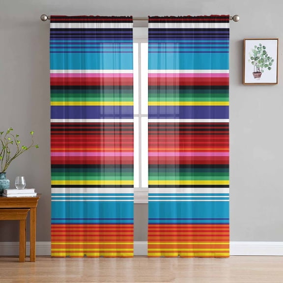 ERUNPONLY Colorful Striped Sheer Curtains 63 Inch Length 2 Panels Set, Boho Rainbow Stripes Abstract Lines Voile Window Treatment Curtains Sheers Drapes for Bedroom/Living Room/Kitchen 52x"63"x2