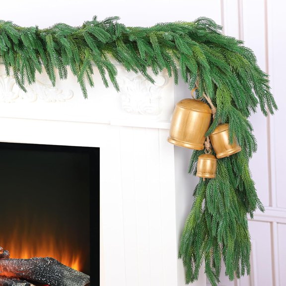 Guvpev 2Pcs Christmas Garland - 6FT Artificial Norfolk Pine Garlands with Christmas Bells for Christmas, Table, Mantel, Staircase, Wall, Indoor Outdoor Holiday Winter Decorations