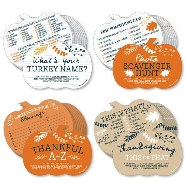 Happy Thanksgiving - 4 Fall Harvest Party Games - 10 Cards Each - What's Your Turkey Name, Photo Scavenger Hunt, This or That, Thankful A-Z - Gamerific Bundle