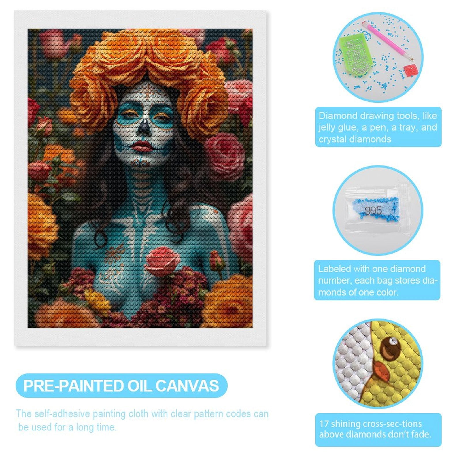 Diamond Art Kits for Adults, Blue Face Paint Floral Aura 5D Diamond Painting Kits for Adults Beginners, DIY Full Drill Diamond Painting, Gem Art and Crafts 12x16