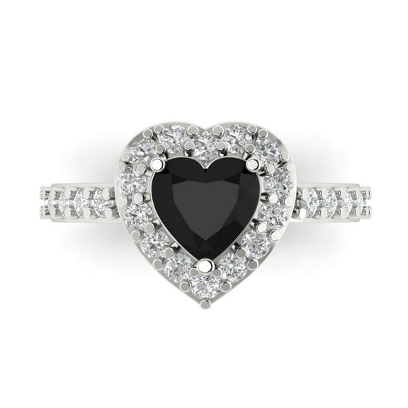 2.03 ct Heart Cut Natural Onyx with Simulated Diamond Halo Accents 14K White Gold Womens Engagement Ring
