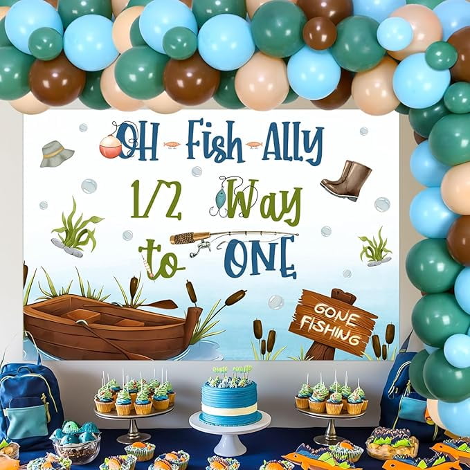 Ofishally 1/2 Way to One Backdrop Fishing Half Birthday Party Decorations Balloon Garland Arch Kit Little Fisherman Half Way to One Bday Decor for Boy Gone Fishing Half Birthday Lakeside Party