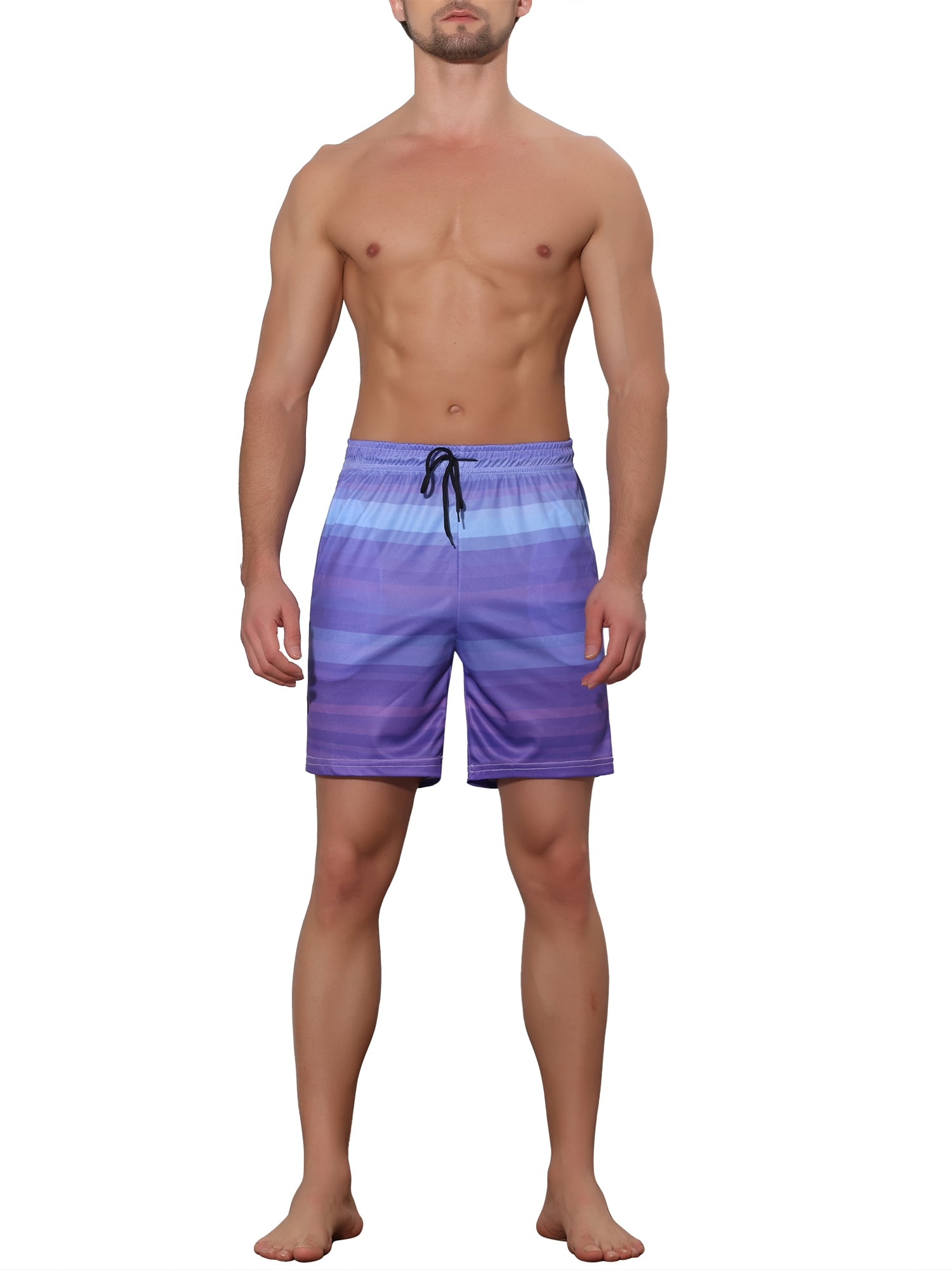 Unique Bargains Men's Drawstring Waist Colorful Pattern Hawaiian Swim Board Shorts 36 Purple