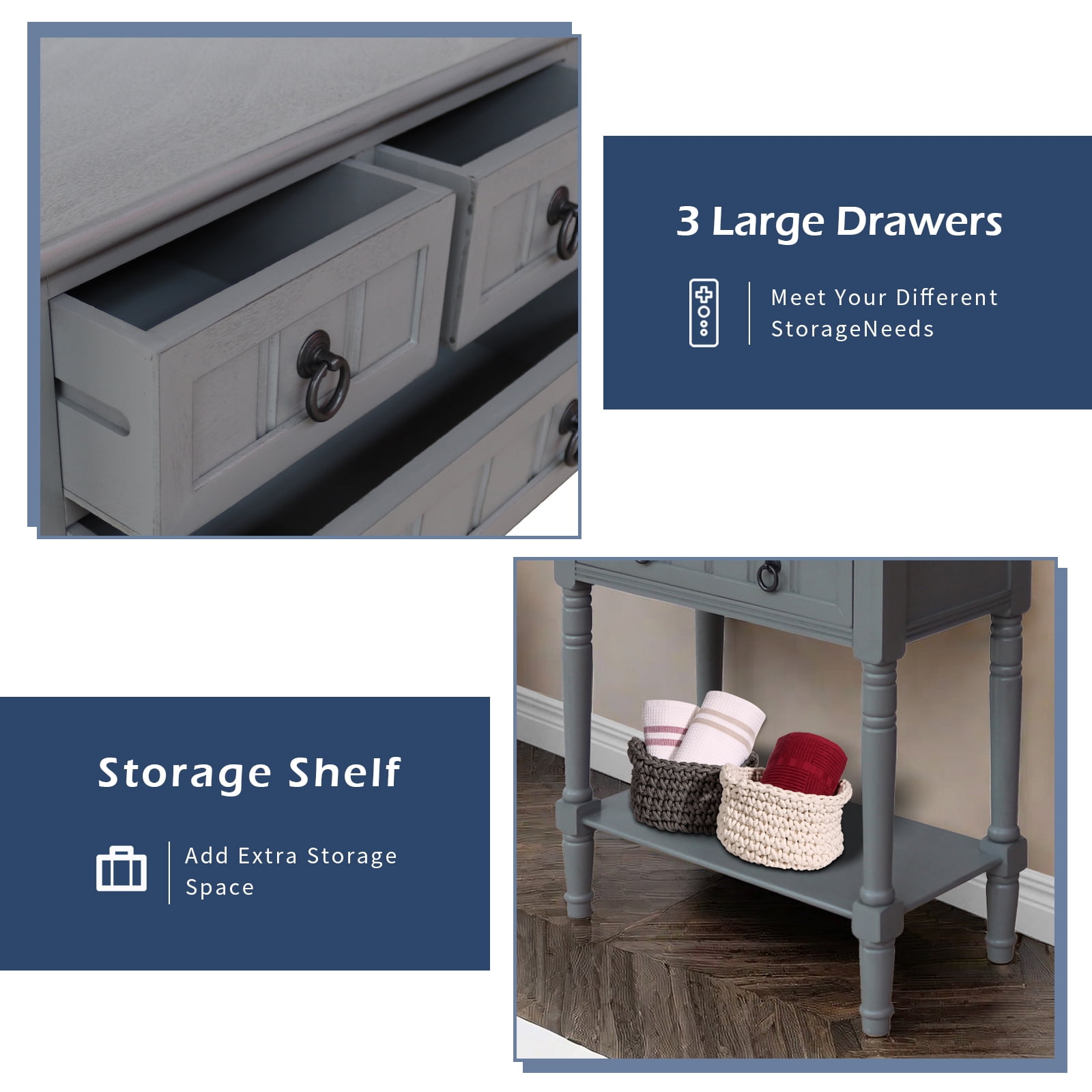 Entryway Table with Storage, Rustic Small Console Table w/ 3 Drawers & Open Bottom Shelf, Skinny Wood Console Table, Narrow Sofa Side Table for Living Room, Foyer, Entry Table, Vendee Gray