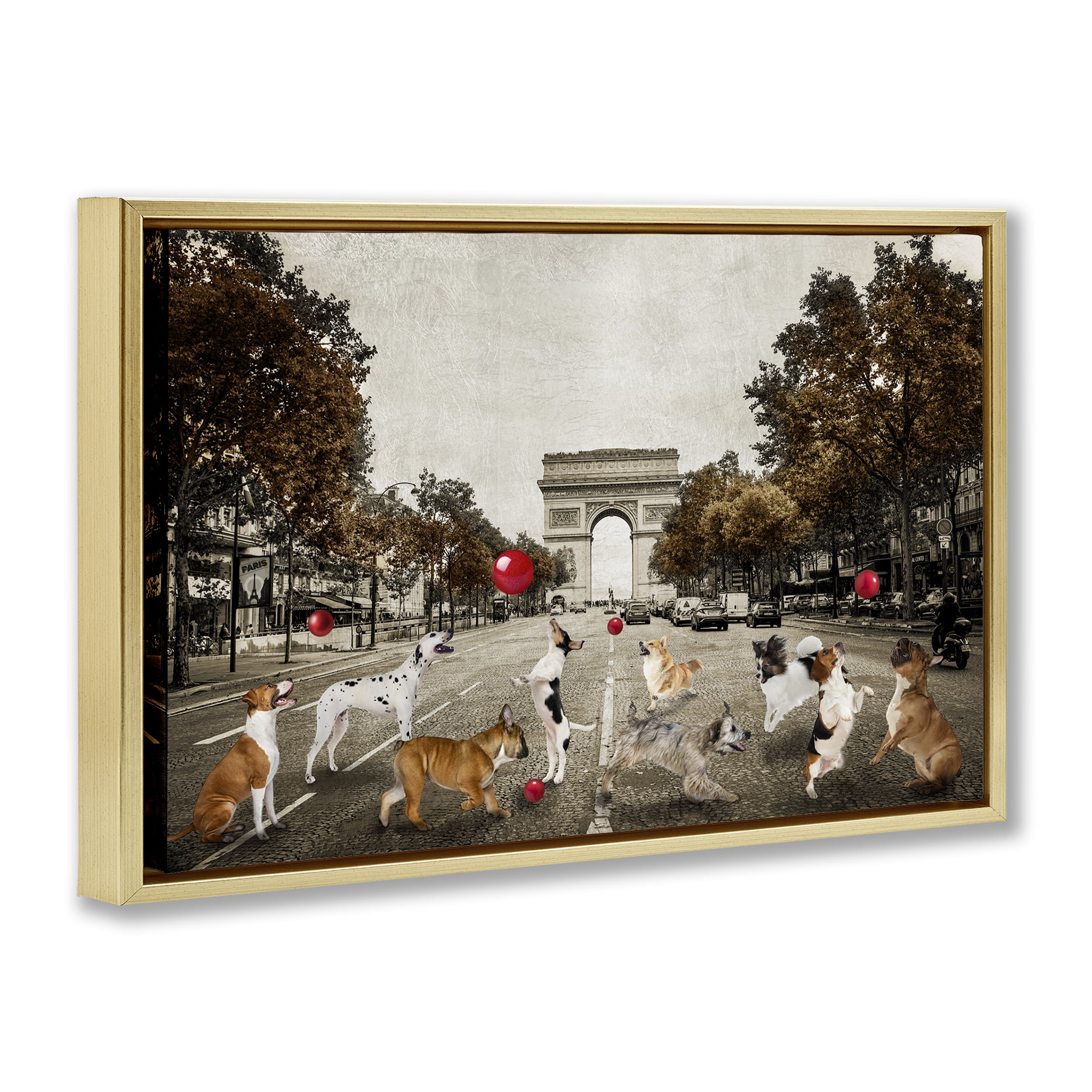 Stupell Industries Dogs Playing Among Architecture Animals & Insects Painting Gold Floater Framed Canvas Art Print Wall Art, 31 x 21