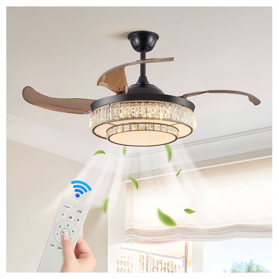48" Crystal LED Retractable Ceiling Fan with Remote, 6-Speed DC Motor, Modern 4-Blade Fan for Bedroom, Kitchen, Dining Room, Patio