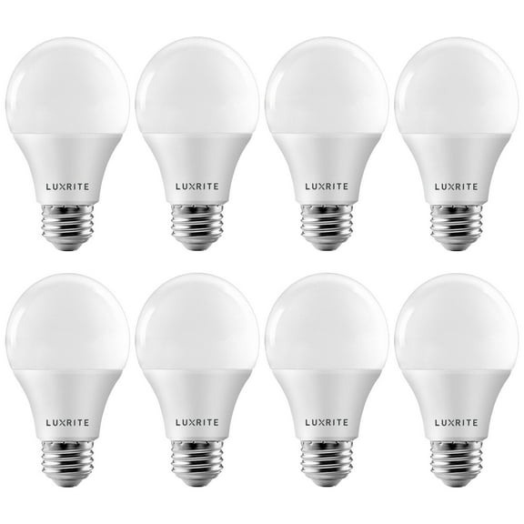 Luxrite A19 LED Dimmable Light Bulb 9W 60W Equivalent 3000K Soft White, 800 Lumens, E26, 8-Pack