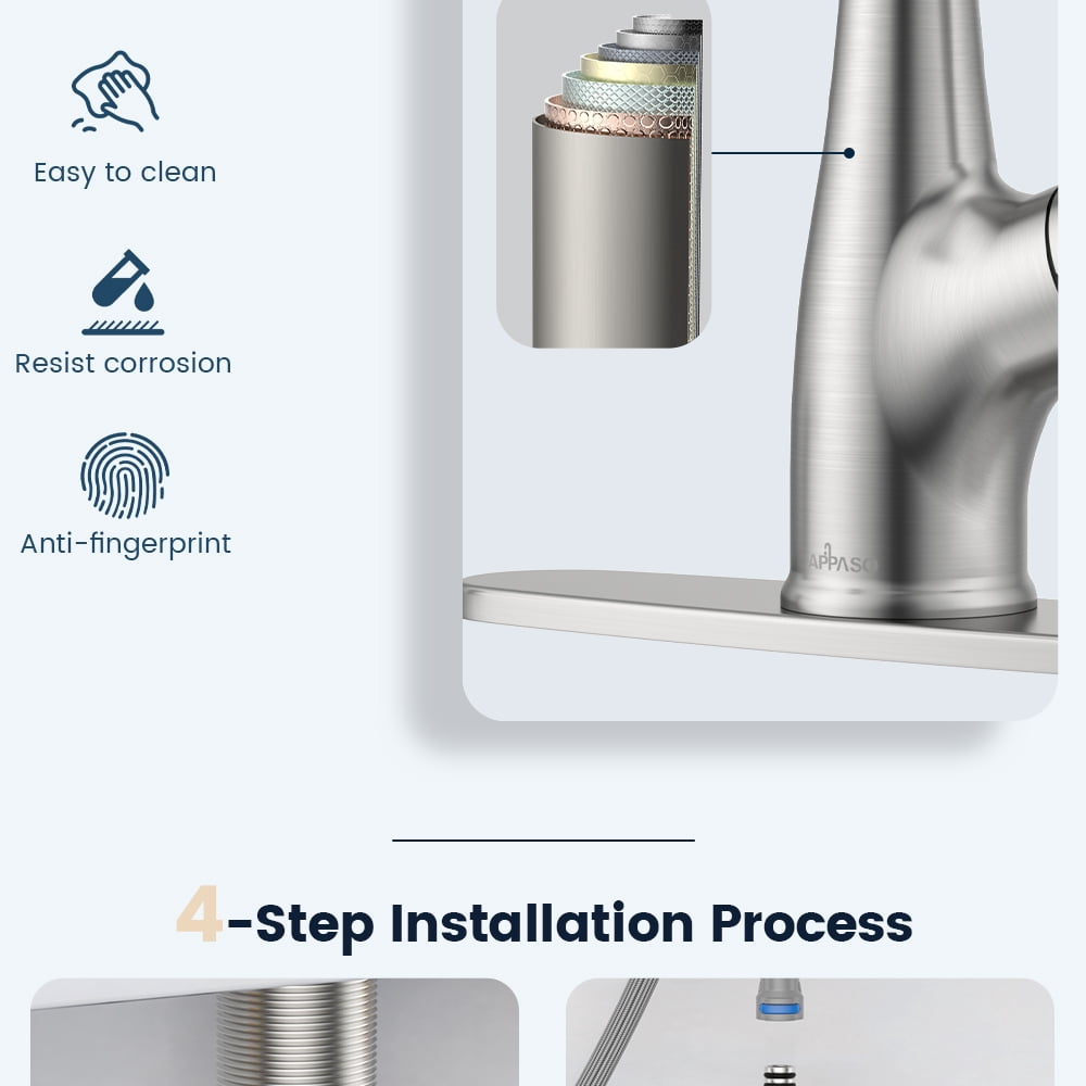 APPASO Brushed Nickel Kitchen Faucet, Stainless Steel Brushed Nickel High Arc Pull Out Kitchen Sink Faucets with Deck Plate and Soap Dispenser