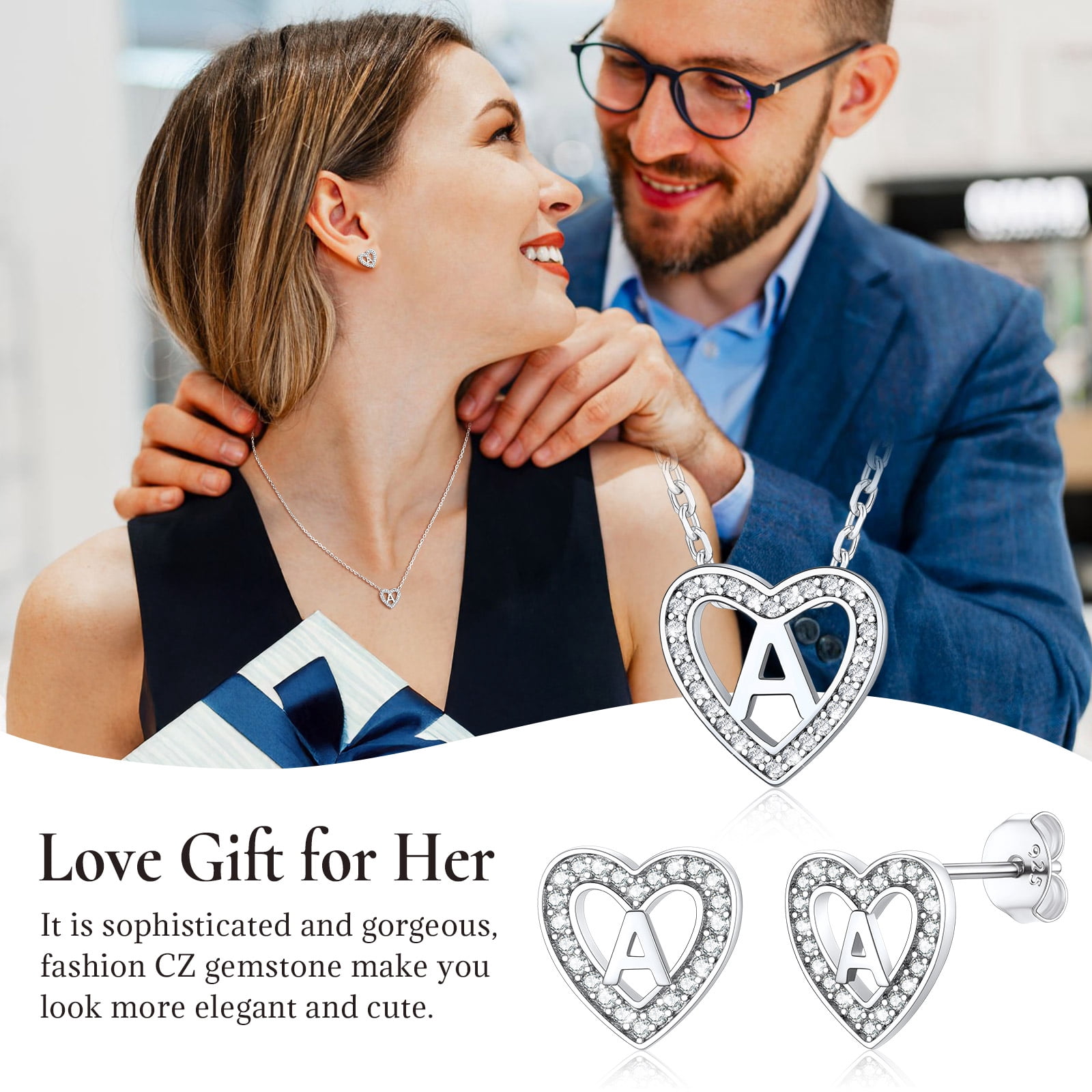 U7 Heart Initial Earrings Hypoallergenic 925 Sterling Silver Stud Earrings CZ Letter Earring for Women Birthday Jewelry Gift, Letter A