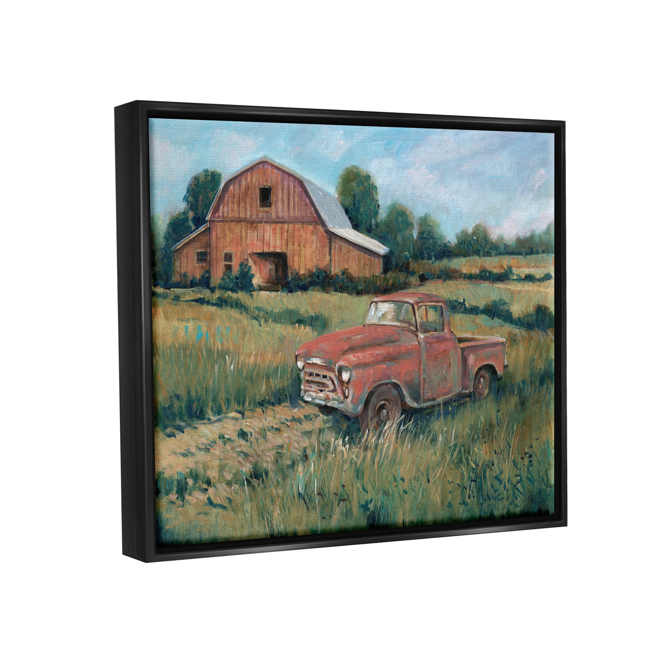 Stupell Industries Red Pickup Truck Rural Barn Farmland Painting Jet Black Floating Framed Canvas Print Wall Art, Design by Tim OToole