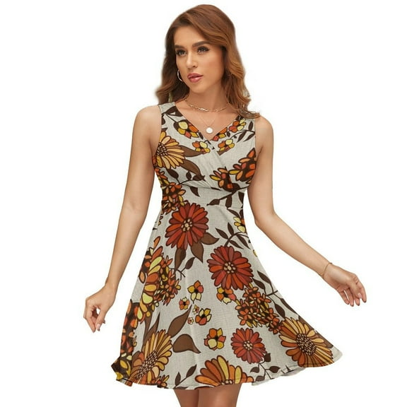 Retro 70s Boho Hippie Orange Flower Sleeveless Dress Women Summer Evening Dresses Ladies Sundress