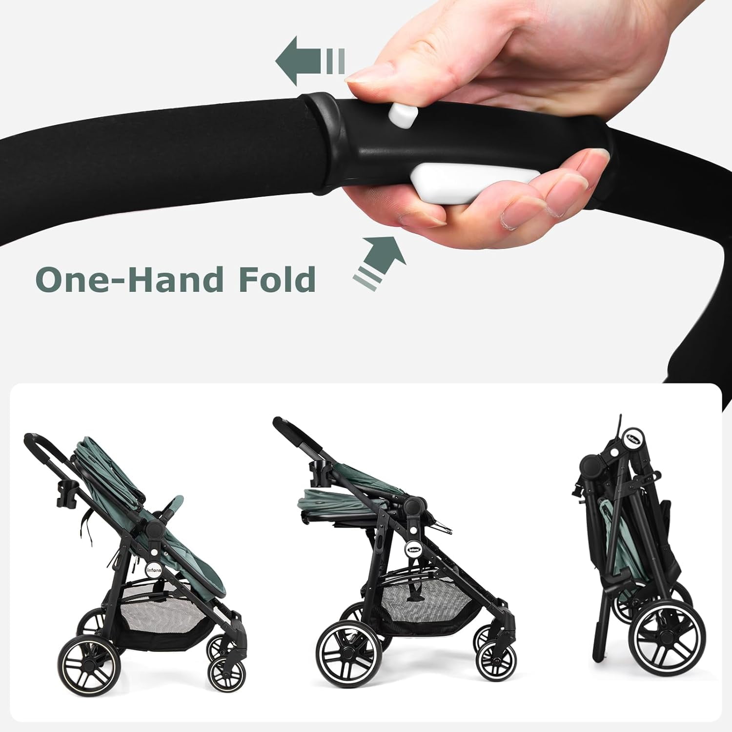 INFANS 2 in 1 Baby Stroller, High Landscape Infant Stroller, Foldable Pushchair with Adjustable Canopy, Cup Holder, Storage Basket, Suspension Wheels (Green)