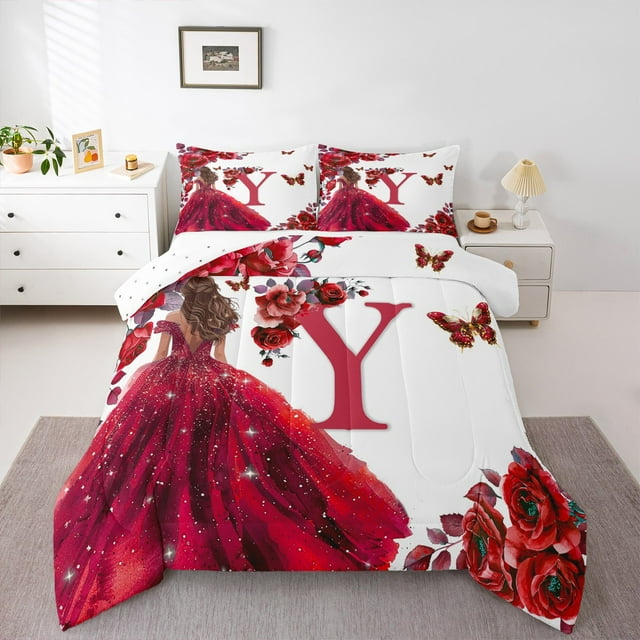 Erosebridal Ensembles de Literie Romantiques Monogrammés Y Grand Lit avec Couette, Ensemble de Literie de Princesse de Rêve Grand Lit avec Couette, Insert de Couette Réversible Rose Rouge, Décoration de Chambre Légère, 3 Pcs