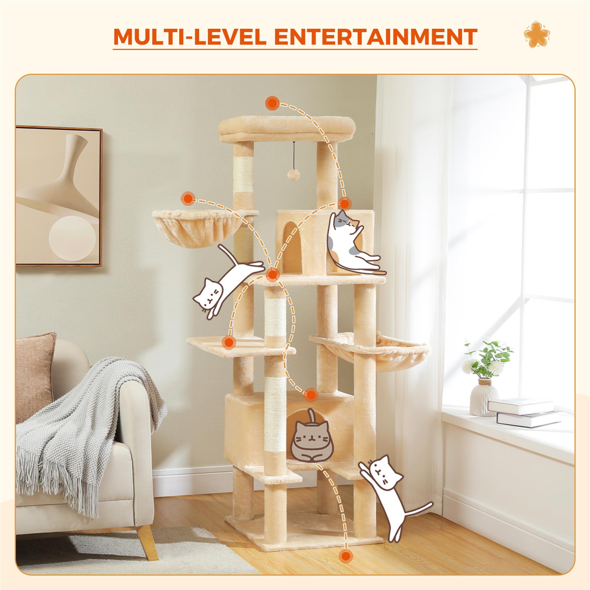 Kadyn 66" Cat Tree Tower for Big Cats, Cat Tree House Furniture with Hammock, Indoor Cat Condo for Adult Cats, Beige