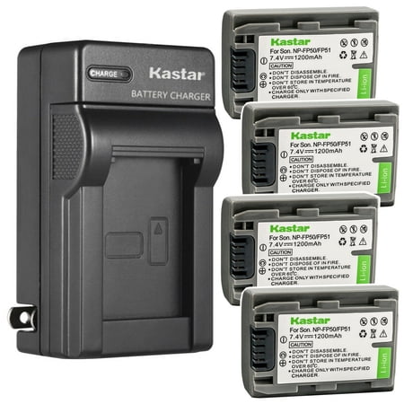 Kastar 4-Pack Battery and AC Wall Charger Replacement for Sony NP-FP30 NP-FP50 NP-FP51 NP-FP60 NP-FP70 NP-FP71 NP-FP90 NP-FP91 Battery AC-VQH10 Charger DCR-HC85 DCR-HC94 DCR-HC96 Camera
