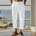 thumbnail image 2 of hotojiny Mens Cotton Linen Pants Elastic Waist Drawstring Summer Cropped Trousers Loose Fit Side Button Beach Pants with Pockets, 2 of 4