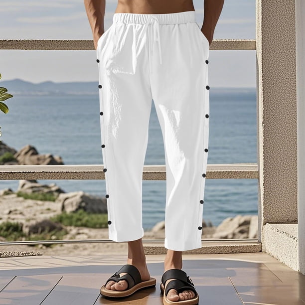 Pantalones largos para hombre, informales, de vacaciones, con bolsillo, cordón, color liso, cintura elástica, pantalones cortos para hombre