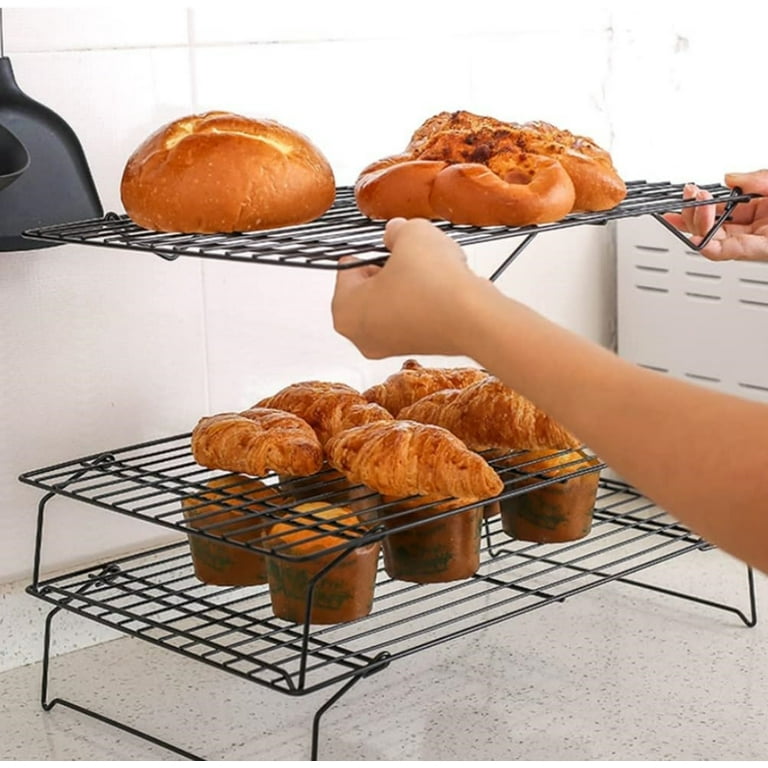 Set of 3 Cooling Rack Dingrich Foldable Nonstick Racks for Cooling Stackable Wire Rack with Folding Legs Black Kitchen Rack for Cookie Pizza Cake