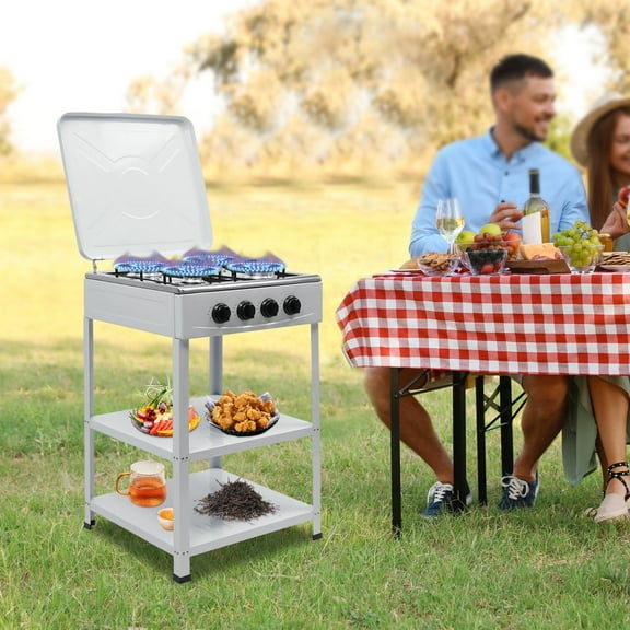 4-Burner Gas Stove with 2-Tier Storage Rack, Manual Ignition, High Efficiency & Durability for Home and Commercial Use