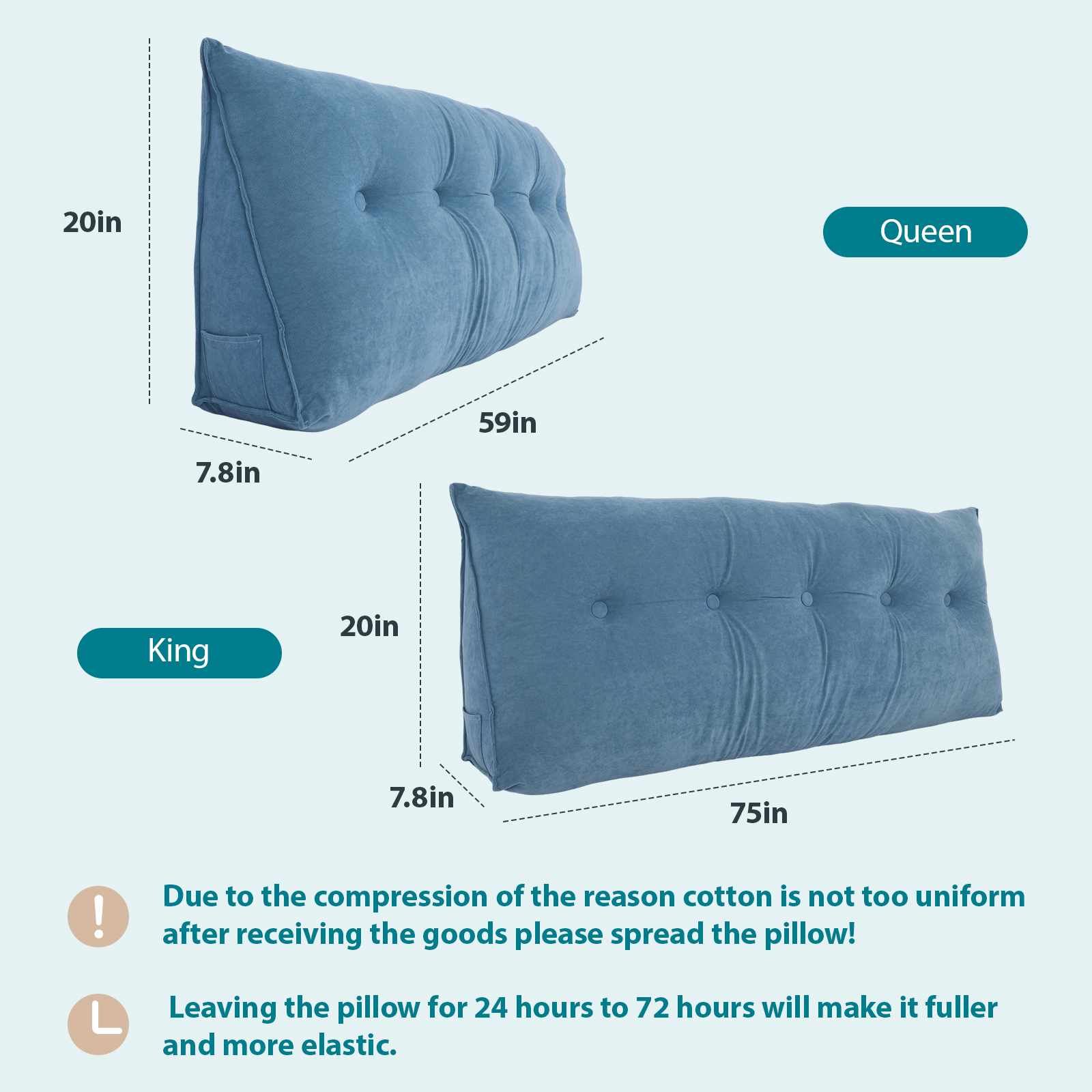 Wedge Pillow Headboard, Triangle Headboard Pillow for Bed,  King, Blue
