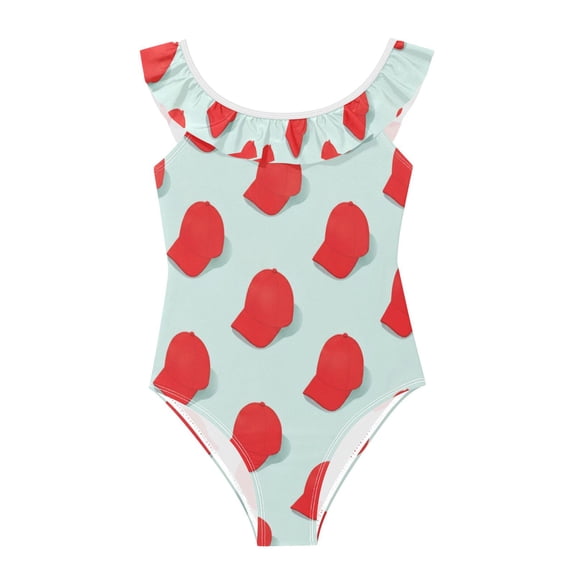 Girls Ruffled One Piece Swimsuit Summer Beach Vacation Swimwear Tank Swimsuit Baseball Cap Design