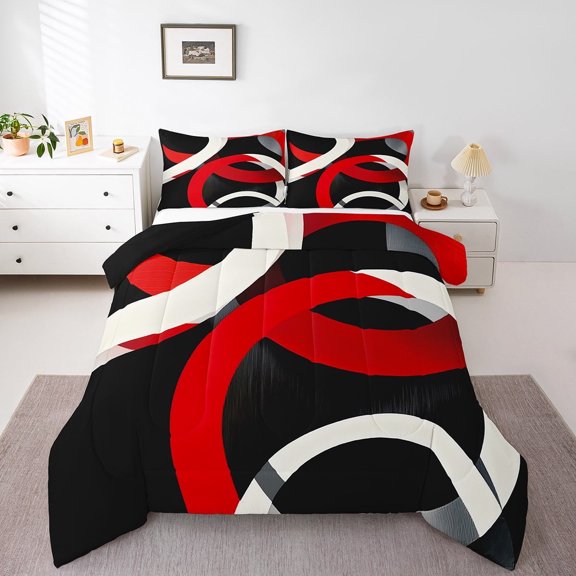 Erosebridal Red Circle Bedding Twin Comforter Set,Geometric Stripes Down Comforter,Round Lines Bedding Sets Twin with Comforter,Ultra Soft Abstract Bedroom Decorative,Reversible,3pcs