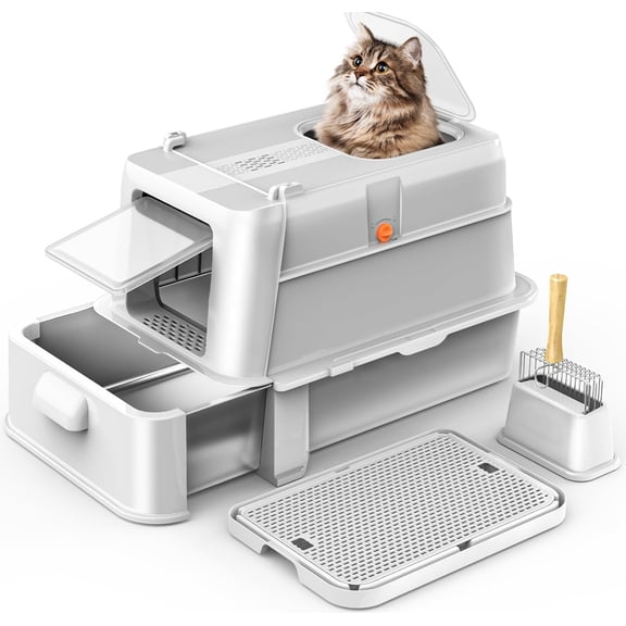 Aphyxen Enclosed Stainless Steel Cat Litter Box with Lid，XL Large Metal Cat Box with Drawer for Big Cats,Top Exit Kitty Litter Box Includes Scoop, Filter Pedal,Odor Control, Easy Cleaning(Light Grey)