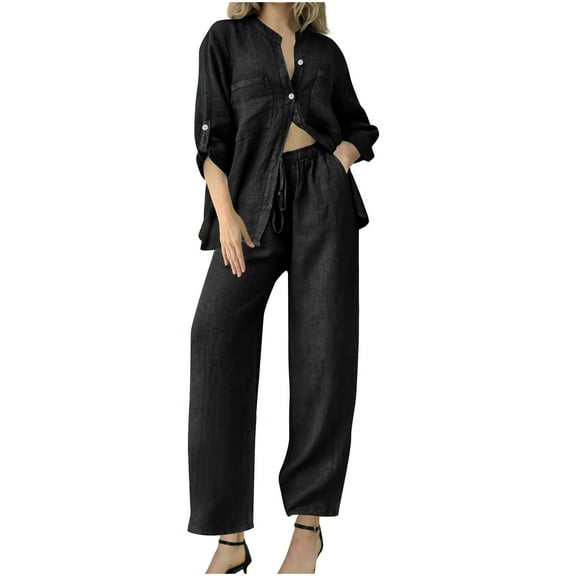 Lovzfmll Fall Outfits for Women Plus Size Solid Color Loose Single Breasted Long Sleeved Tie Round Neck Cardigan Shirt Wide-Legged Pants Two Piece Set