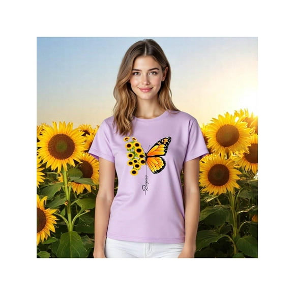 Blusa con Estampado de Mariposa y Girasoles – Diseño Único y Significativo Color Lila Talla Grande Marca Emil SaEs
