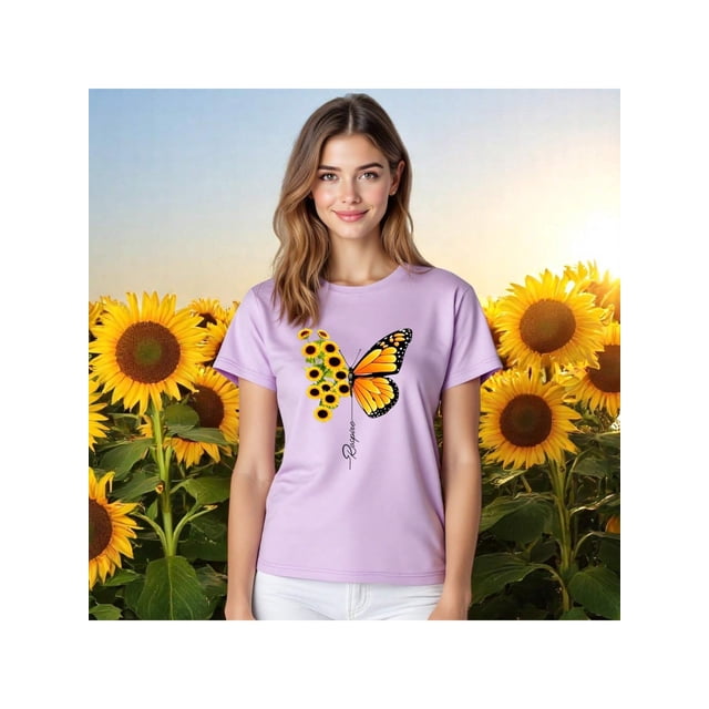 Blusa con Estampado de Mariposa y Girasoles – Diseño Único y Significativo Color Lila Talla Extra Grande Marca Emil SaEs