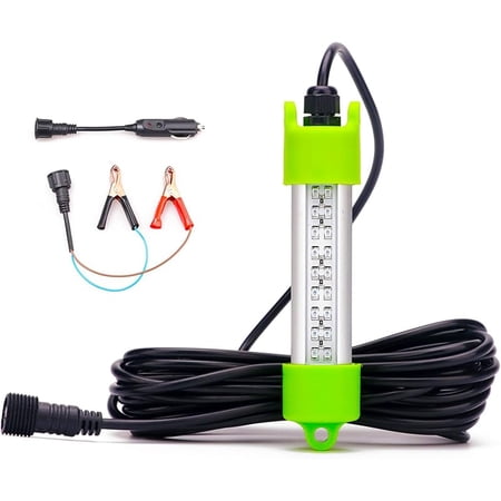 45W DC 12V IP68 Waterproof Aluminum Bright LED Bait Submersible Dock Underwater Fishing Light Attractants For At Night Snook Crappie(25 ft Wire Clips+Car Charger Plug Green)