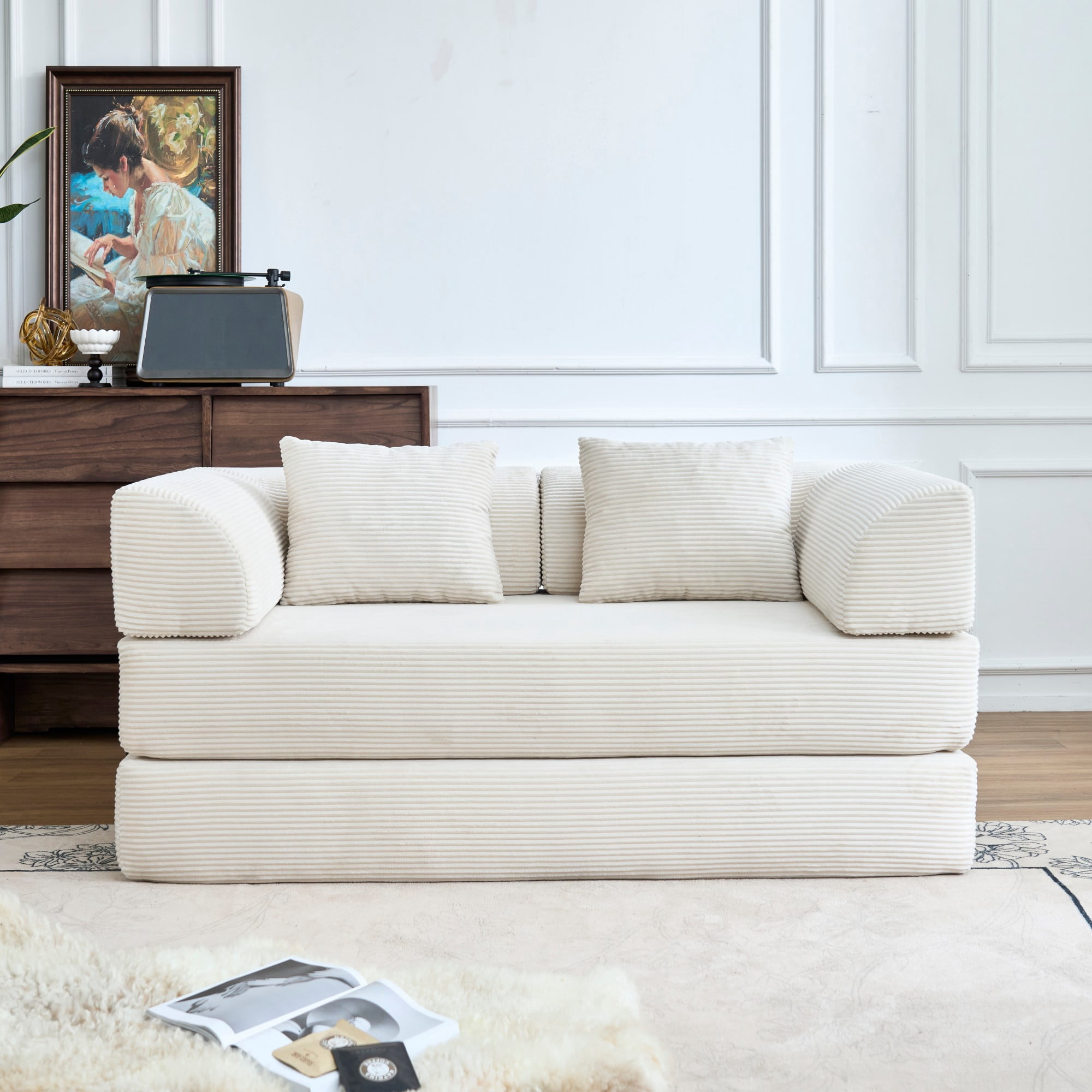 BSHTI 59" Corduroy Convertible Sleeper Sofa Bed with Cylindrical Pillow, No Assembly, Small Space for Living Room（Beige White）