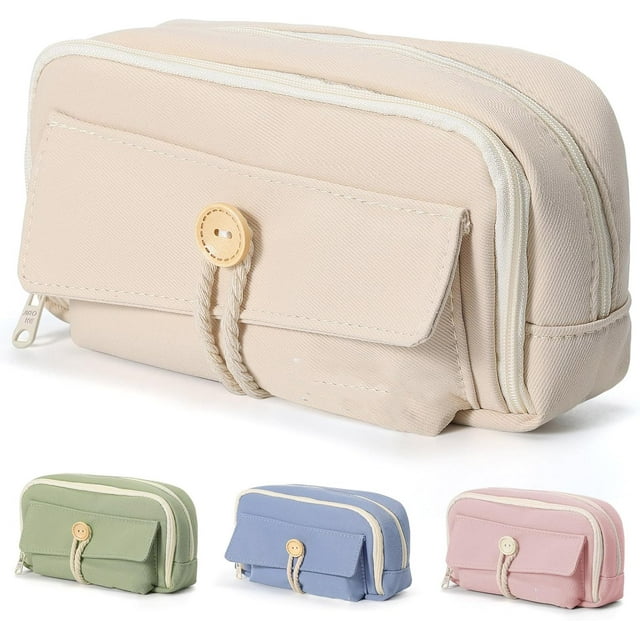 Estuche para Lapices, Lapiceras Escolares de Gran Capacidad con 4 Compartimentos, Pencil Case para Escolar, Oficina, Trabajo (Beige)