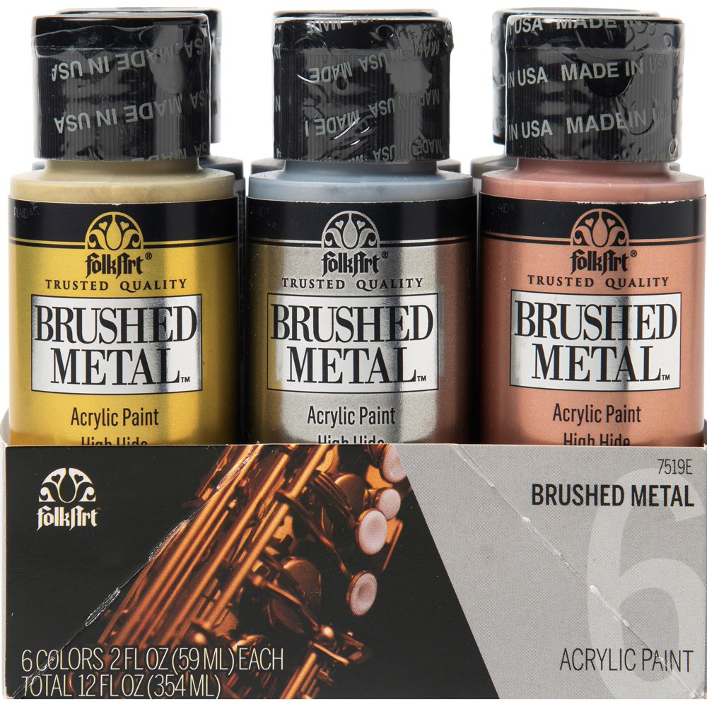 FolkArt 7519E Brushed Metal Acrylic Craft Paint Set, Metallics, 12 fl