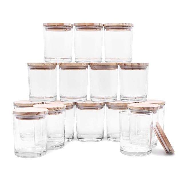 Frascos para velas SHOWIN, vidrio grueso, 210 ml con tapas de madera, 16 unidades