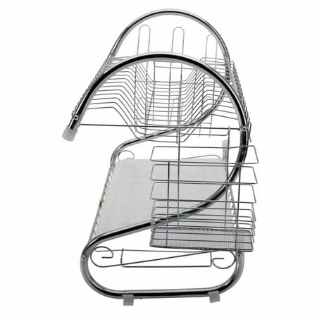 Dish Drying Rack, 2 Tier Dish Rack with Utensil Holder, Cup Holder and Dish Drainer for Kitchen Counter Top, Plated Chrome Dish Dryer Silver 15.74 x 14.57 x 9.84