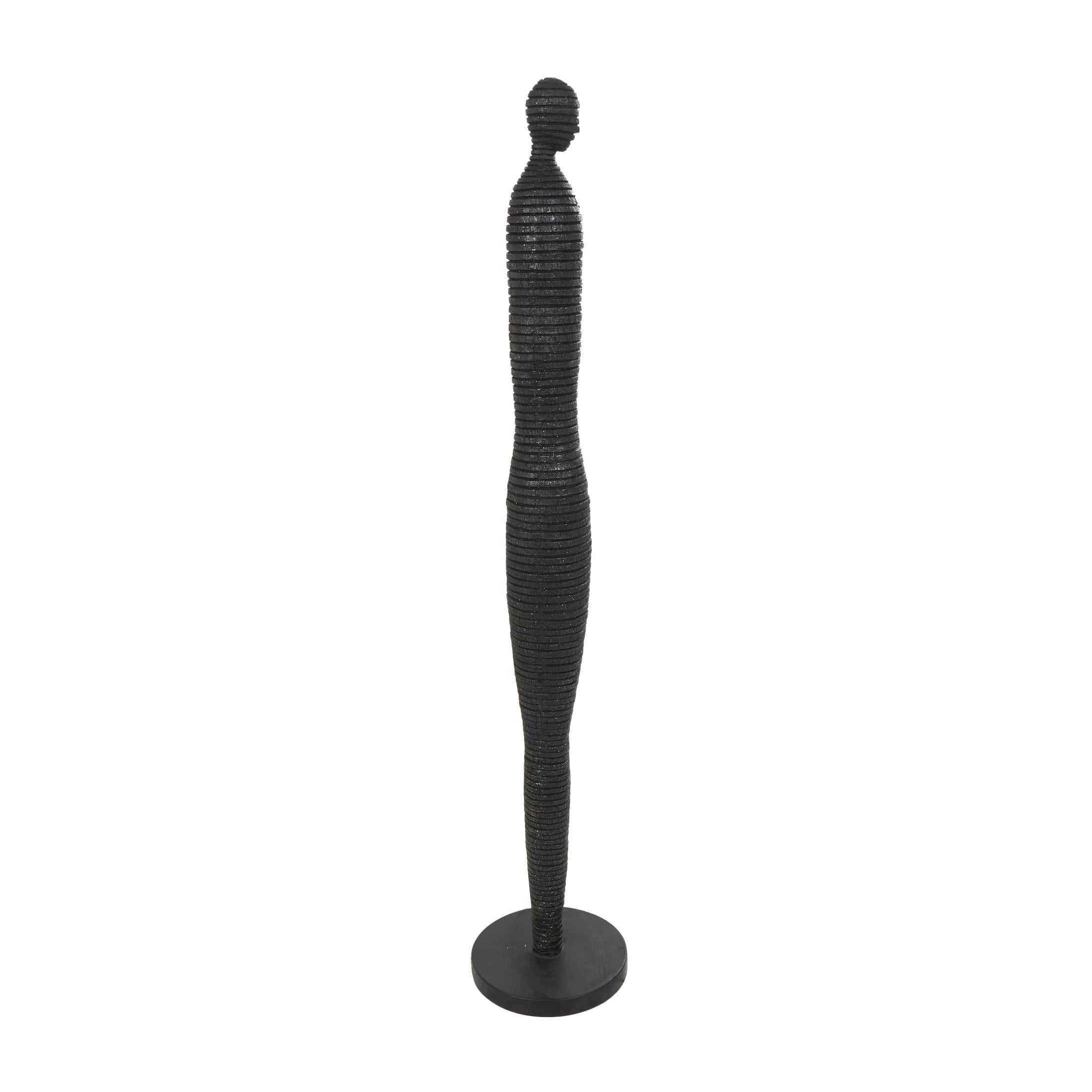 10" x 53" Black Polyresin Tall Slim Figure People Sculpture with Ribbed Body and Glitter Accents, by DecMode