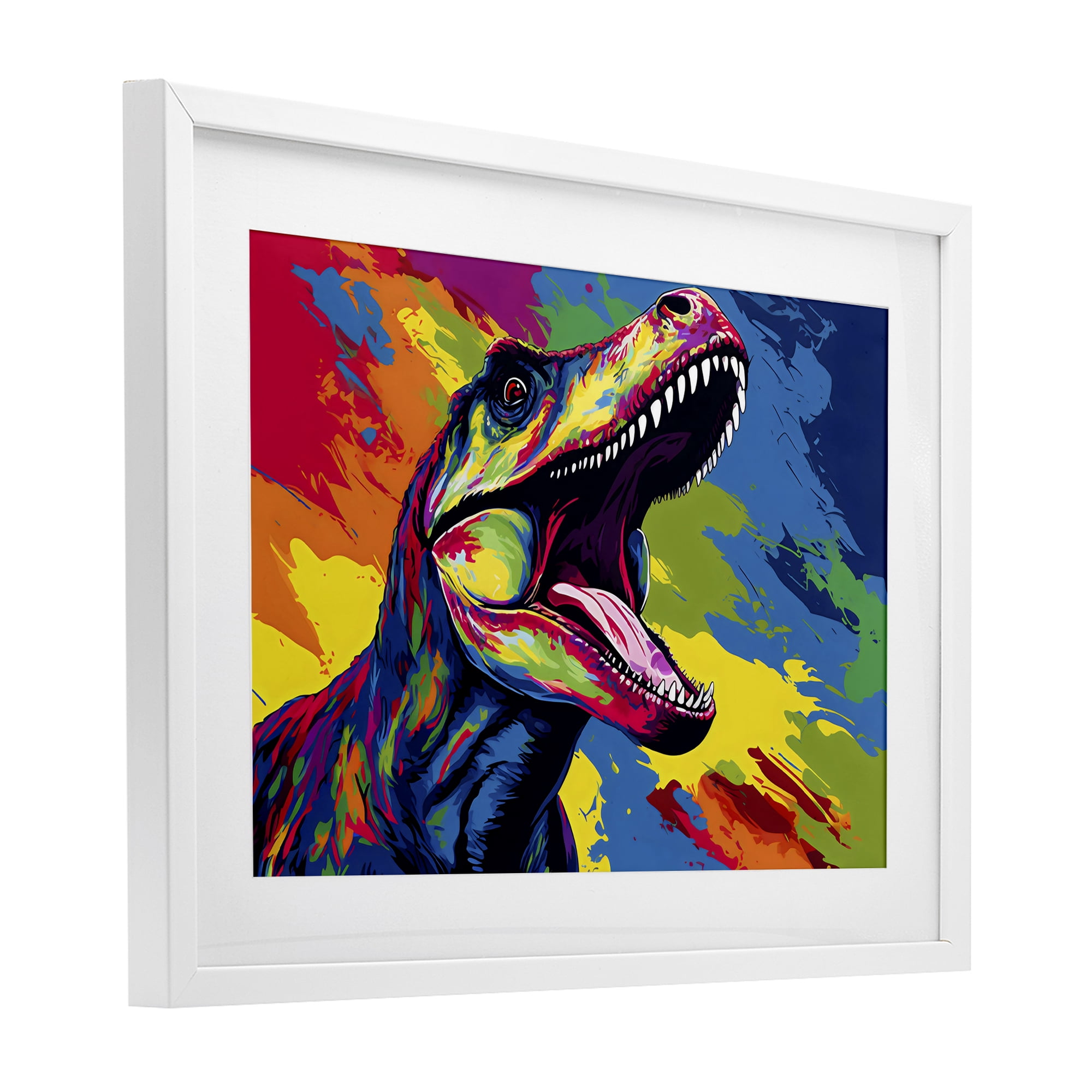 Stupell Industries Brightly Colored Dinosaur White Framed Print Under Glass, design by Creative Studio