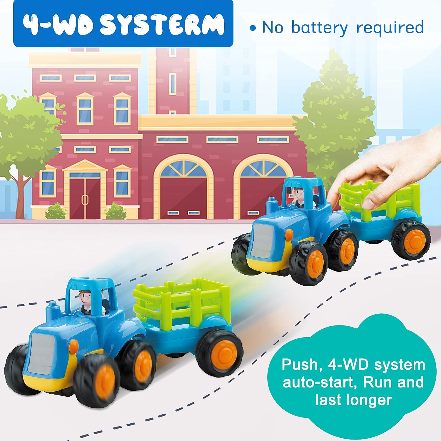 Inertia Toy Early Educational Toddler Baby Toy Friction Powered Cars Push and Go Cars Tractor Bulldozer Dumper Cement Mixer Engineering Vehicles Toys for Children Boys Girls Kids Gift 4PCS