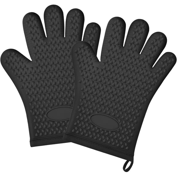 2Pack Heat Resistant Oven Mitts & Silicone Gloves with Fingers, Non-Slip Grip Food Grade Safety Mitts, Waterproof Kitchen Gloves for Cooking(Green)