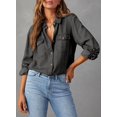 thumbnail image 2 of Camisa elegante de mezclilla con botones para mujer, manga larga, cuello en V, 2 of 9