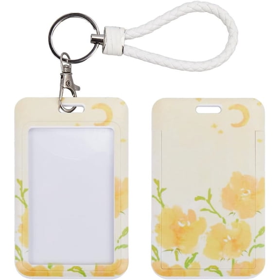Flower Floral Sliding ID Badge Holder Plastic Card Case Holder Clear Window Detachable Vertical Protector for Women Nurse Teacher Student Key ID Office Worker Yellow DIY