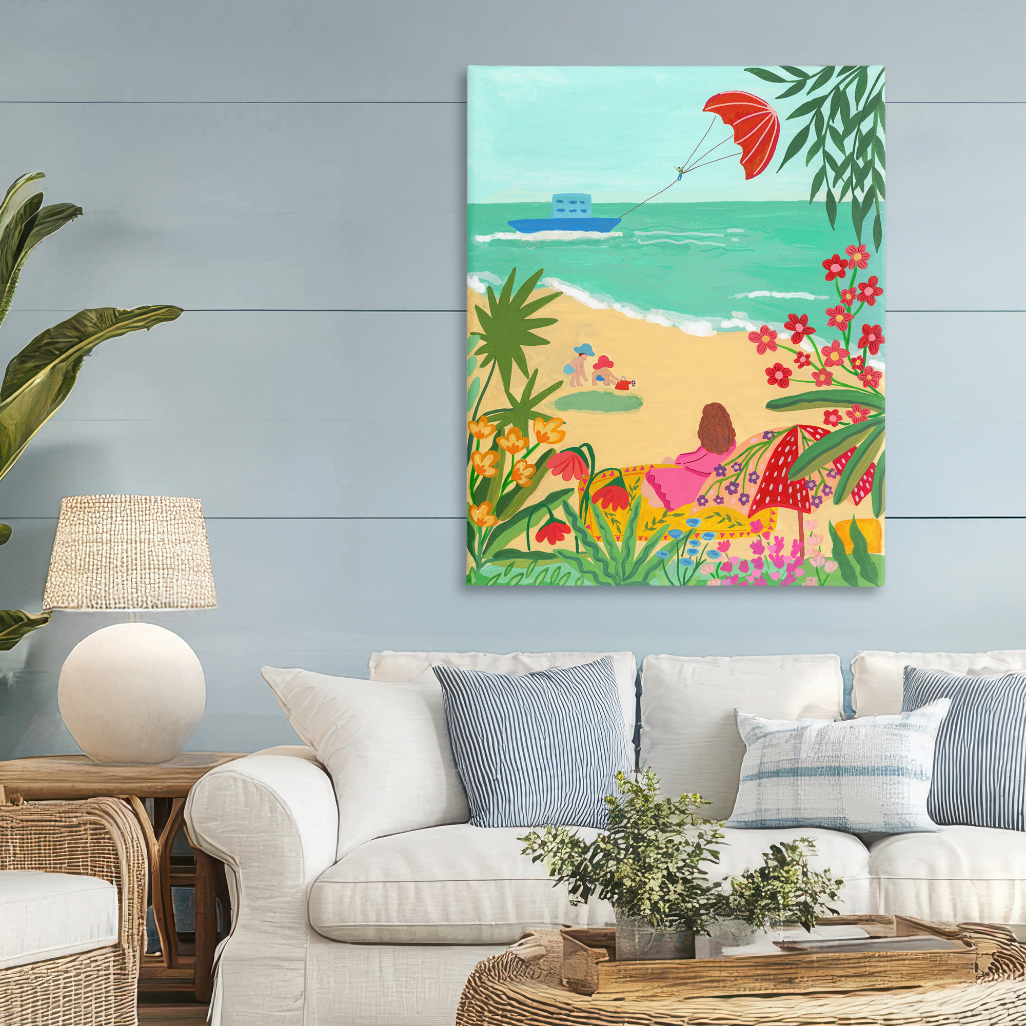 Beach And Flowers View Canvas Wall Art, design by Nabeela Rumi