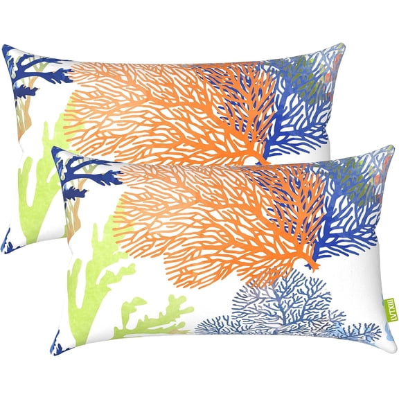 Outdoor/Indoor Lumbar Pillow Covers, Patio Fade Resistant Lumbar Pillow Cases ONLY, Tropical Lumbar Cushion Covers for Home and Garden Furniture Decor,12” x 20”, Pack of 2, Coral Multi