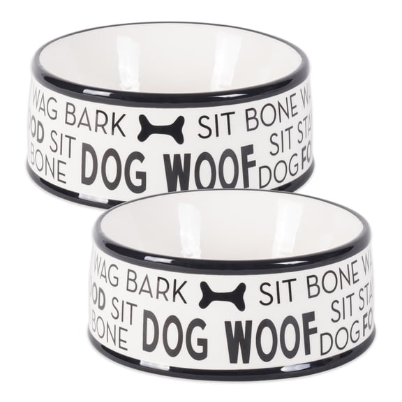 Contemporary Home Living Set of 2 Vibrant Unique Black Dog Text Ceramic Medium Pet Bowl, 6.25"